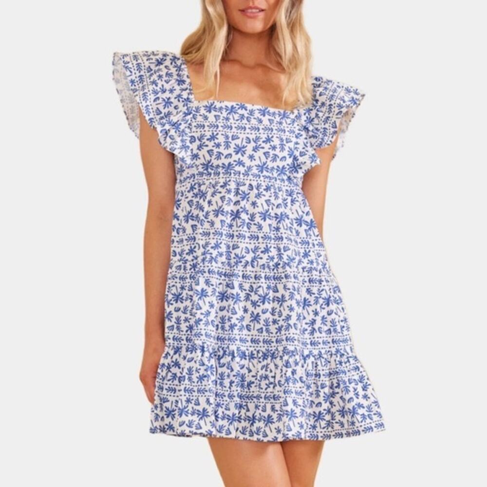 MINKPINK Ithica Ruffled Blue White Mini Design Dress Size Extra Small Flawed